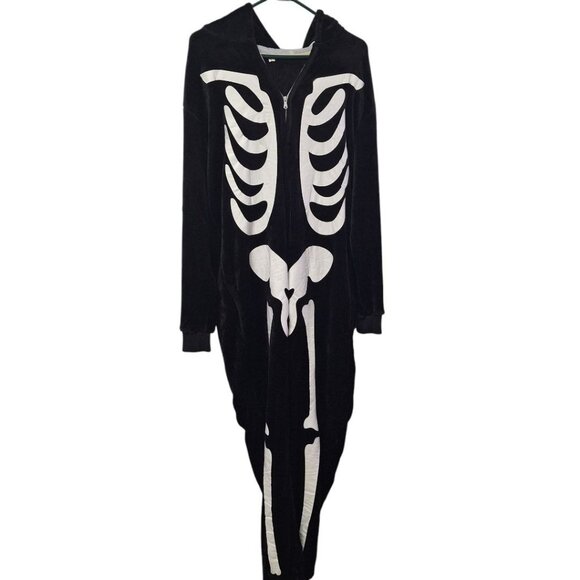 Skeleton One Piece Pajama Full Zip Bones Black Adult Large Hood Face X Ray Rad - Picture 1 of 7